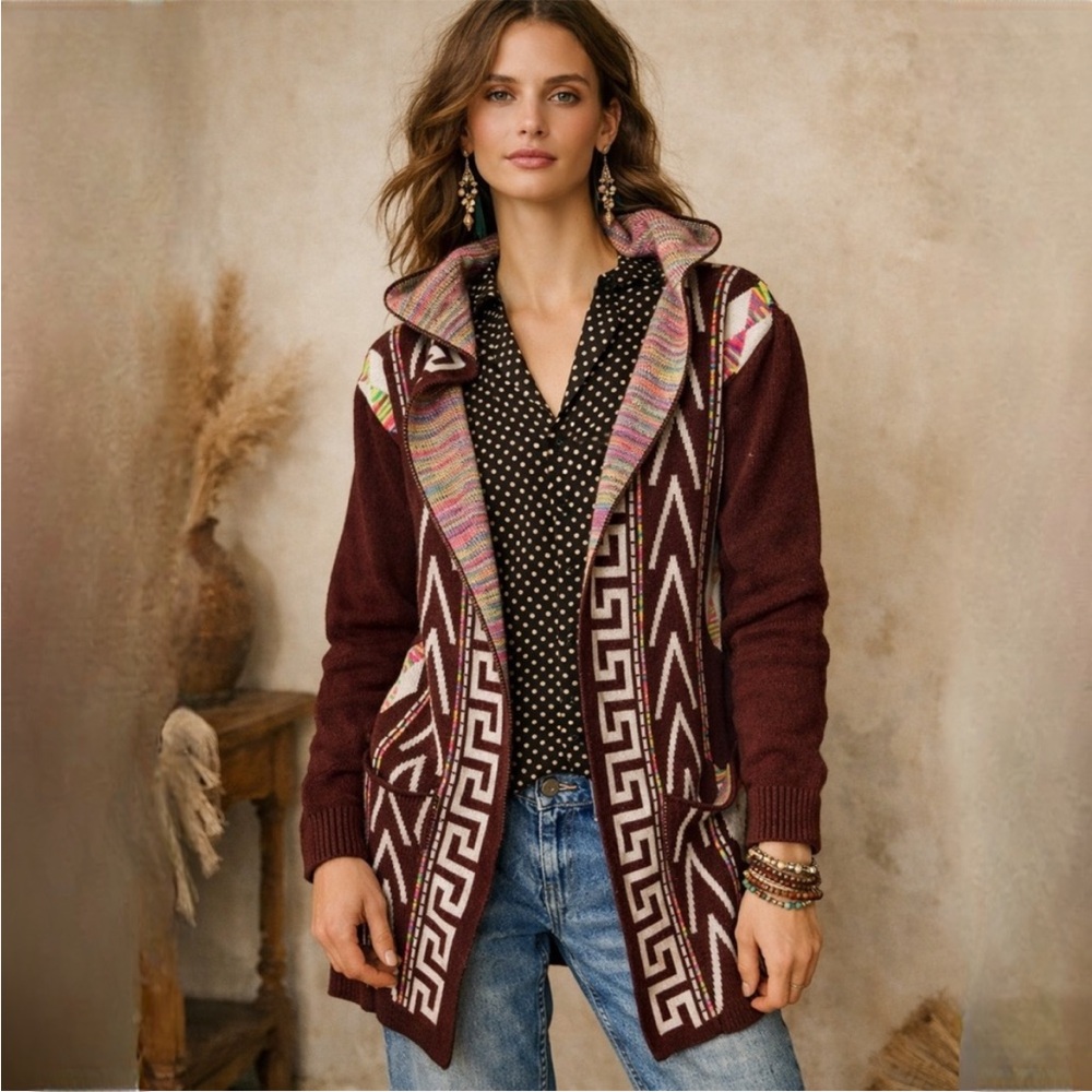 Marqlop Brown Hooded Andean Knit Open Front Boho Cardigan Sweater